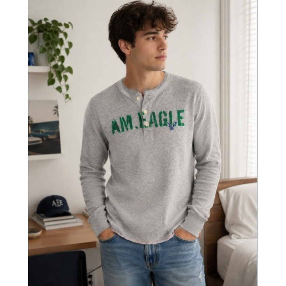 American Eagle Mens Gray Waffle Knit Henley Long Sleeve Graphic Thermal Shirt S